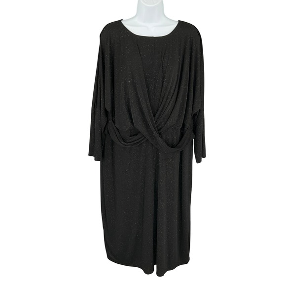 London Times Woman 20W Black Sparkle Twist Front Long Sleeve Midi Dress Party - Picture 1 of 15